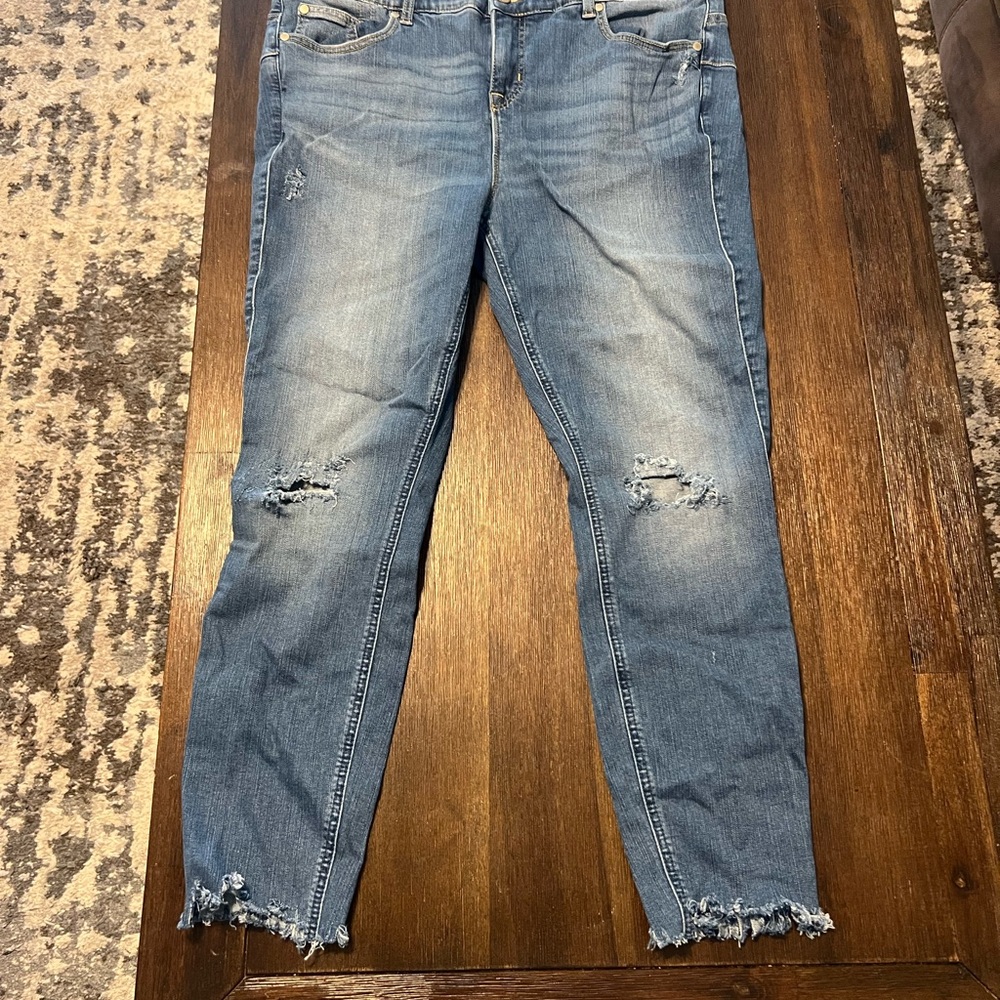 Torrid Blue Skinny Jeans with Distressed Knees and Frayed Hem